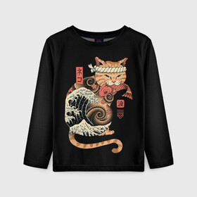 Детский лонгслив 3D с принтом Cat Wave в Белгороде, 100% полиэстер | длинные рукава, круглый вырез горловины, полуприлегающий силуэт
 | cat | cats | japan | ninja | samurai | shogun | wave | yakuza | волна | катана | кот | котенок | коты | котэ | котята | кошка | ниндзя | самурай | сёгун | якудза | япония