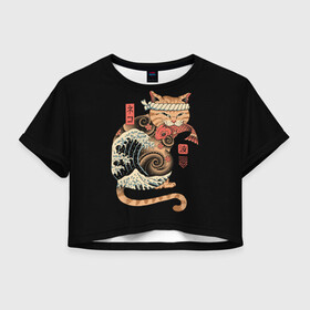 Женская футболка Crop-top 3D с принтом Cat Wave в Белгороде, 100% полиэстер | круглая горловина, длина футболки до линии талии, рукава с отворотами | cat | cats | japan | ninja | samurai | shogun | wave | yakuza | волна | катана | кот | котенок | коты | котэ | котята | кошка | ниндзя | самурай | сёгун | якудза | япония