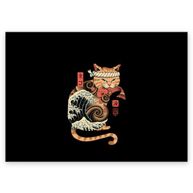 Поздравительная открытка с принтом Cat Wave в Белгороде, 100% бумага | плотность бумаги 280 г/м2, матовая, на обратной стороне линовка и место для марки
 | Тематика изображения на принте: cat | cats | japan | ninja | samurai | shogun | wave | yakuza | волна | катана | кот | котенок | коты | котэ | котята | кошка | ниндзя | самурай | сёгун | якудза | япония