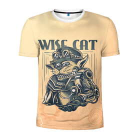 Мужская футболка 3D спортивная с принтом Wise cat в Белгороде, 100% полиэстер с улучшенными характеристиками | приталенный силуэт, круглая горловина, широкие плечи, сужается к линии бедра | Тематика изображения на принте: steampunk | арт | графика | обои | плакат | постер | стимпанк