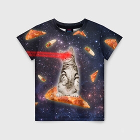 Детская футболка 3D с принтом Котик в космосе в Белгороде, 100% гипоаллергенный полиэфир | прямой крой, круглый вырез горловины, длина до линии бедер, чуть спущенное плечо, ткань немного тянется | nyan cat | youtube | еда | космос | котик | мемы | пицца | психоделика | ютуб