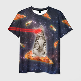 Мужская футболка 3D с принтом Котик в космосе в Белгороде, 100% полиэфир | прямой крой, круглый вырез горловины, длина до линии бедер | Тематика изображения на принте: nyan cat | youtube | еда | космос | котик | мемы | пицца | психоделика | ютуб