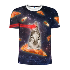 Мужская футболка 3D спортивная с принтом Котик в космосе в Белгороде, 100% полиэстер с улучшенными характеристиками | приталенный силуэт, круглая горловина, широкие плечи, сужается к линии бедра | nyan cat | youtube | еда | космос | котик | мемы | пицца | психоделика | ютуб