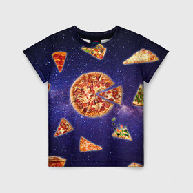 Детская футболка 3D с принтом Пицца в космосе в Белгороде, 100% гипоаллергенный полиэфир | прямой крой, круглый вырез горловины, длина до линии бедер, чуть спущенное плечо, ткань немного тянется | meat | pizza | space | youtube | еда | космос | мемы | пицца | психоделика | ютуб