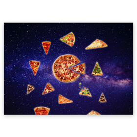 Поздравительная открытка с принтом Пицца в космосе в Белгороде, 100% бумага | плотность бумаги 280 г/м2, матовая, на обратной стороне линовка и место для марки
 | Тематика изображения на принте: meat | pizza | space | youtube | еда | космос | мемы | пицца | психоделика | ютуб