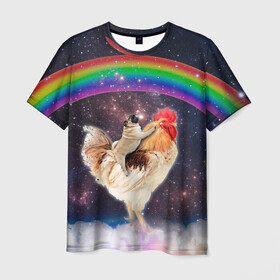 Мужская футболка 3D с принтом Мопс на курице в космосе в Белгороде, 100% полиэфир | прямой крой, круглый вырез горловины, длина до линии бедер | mene | space | youtube | космос | курица | мемы | мопс | петух | психоделика | собака | ютуб
