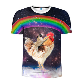 Мужская футболка 3D спортивная с принтом Мопс на курице в космосе в Белгороде, 100% полиэстер с улучшенными характеристиками | приталенный силуэт, круглая горловина, широкие плечи, сужается к линии бедра | mene | space | youtube | космос | курица | мемы | мопс | петух | психоделика | собака | ютуб