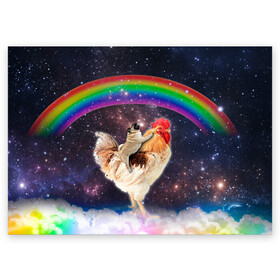 Поздравительная открытка с принтом Мопс на курице в космосе в Белгороде, 100% бумага | плотность бумаги 280 г/м2, матовая, на обратной стороне линовка и место для марки
 | mene | space | youtube | космос | курица | мемы | мопс | петух | психоделика | собака | ютуб