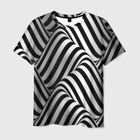 Мужская футболка 3D с принтом 3D Иллюзия в Белгороде, 100% полиэфир | прямой крой, круглый вырез горловины, длина до линии бедер | Тематика изображения на принте: 3d texture | абстракция | оптическая иллюзия | полосы | черно белое
