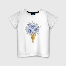 Детская футболка хлопок с принтом БУКЕТ МОРОЖЕННОЕ в Белгороде, 100% хлопок | круглый вырез горловины, полуприлегающий силуэт, длина до линии бедер | букет | ветви | веточки | лепестки | лепесток | мороженное | рогалик | рожок | связка | стаканчик | цветочки | цветы