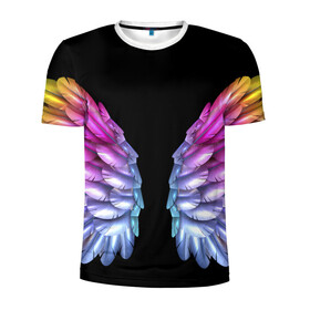 Мужская футболка 3D спортивная с принтом РАЗНОЦВЕТНЫЕ ПЕРЬЯ в Белгороде, 100% полиэстер с улучшенными характеристиками | приталенный силуэт, круглая горловина, широкие плечи, сужается к линии бедра | взмах | крылья | перья | попугай | радуга | цвета