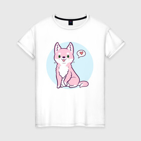 Женская футболка хлопок с принтом Хаски розовая в Белгороде, 100% хлопок | прямой крой, круглый вырез горловины, длина до линии бедер, слегка спущенное плечо | animals | животное | зверь | пес | сердечко | собака | хаски | хаски милаха
