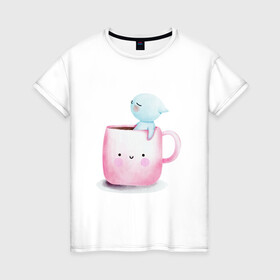 Женская футболка хлопок с принтом Котик в чашке в Белгороде, 100% хлопок | прямой крой, круглый вырез горловины, длина до линии бедер, слегка спущенное плечо | cat | акварельный котэ | кот в чашке | котенок