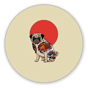 Коврик для мышки круглый с принтом Мопс в Белгороде, резина и полиэстер | круглая форма, изображение наносится на всю лицевую часть | мопс | мопсик | мопсики | самурай | собака | солнце | тату | япония | японское