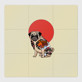 Магнитный плакат 3Х3 с принтом Мопс в Белгороде, Полимерный материал с магнитным слоем | 9 деталей размером 9*9 см | мопс | мопсик | мопсики | самурай | собака | солнце | тату | япония | японское