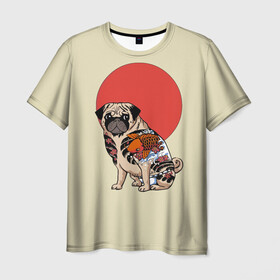 Мужская футболка 3D с принтом Мопс в Белгороде, 100% полиэфир | прямой крой, круглый вырез горловины, длина до линии бедер | мопс | мопсик | мопсики | самурай | собака | солнце | тату | япония | японское