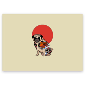 Поздравительная открытка с принтом Мопс в Белгороде, 100% бумага | плотность бумаги 280 г/м2, матовая, на обратной стороне линовка и место для марки
 | Тематика изображения на принте: мопс | мопсик | мопсики | самурай | собака | солнце | тату | япония | японское