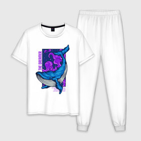 Мужская пижама хлопок с принтом Кит The dreamer в Белгороде, 100% хлопок | брюки и футболка прямого кроя, без карманов, на брюках мягкая резинка на поясе и по низу штанин
 | Тематика изображения на принте: кит | кит the dreamer | мечтатель | море | океан | синий кит