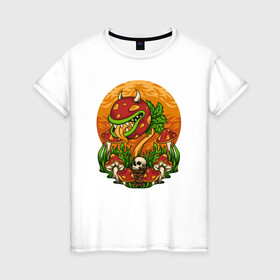 Женская футболка хлопок с принтом Растение-убийца в Белгороде, 100% хлопок | прямой крой, круглый вырез горловины, длина до линии бедер, слегка спущенное плечо | гриб | дьябло | дьявол | монстр | растение | рога | сатана | цветок | череп