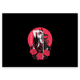 Поздравительная открытка с принтом Девушка С Катаной в Белгороде, 100% бумага | плотность бумаги 280 г/м2, матовая, на обратной стороне линовка и место для марки
 | anime | dead | death | girl | girls | japan | katana | manga | rose | roses | sakura | samurai | sempai | senpai | shinigami | sun | аниме | девушка | закат | катана | манга | роза | розы | сакура | самураи | синигами | солнце | цветы | япония