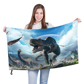 Флаг 3D с принтом Ark Survival Evolved в Белгороде, 100% полиэстер | плотность ткани — 95 г/м2, размер — 67 х 109 см. Принт наносится с одной стороны | ark | ark survival | dino | t rex | арк | арк сурвайвал | дино | динозавр | динозавры | спинозавр | тираннозавр