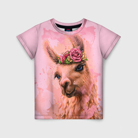 Детская футболка 3D с принтом лама с цветами в Белгороде, 100% гипоаллергенный полиэфир | прямой крой, круглый вырез горловины, длина до линии бедер, чуть спущенное плечо, ткань немного тянется | llama | альпака | животные | лама