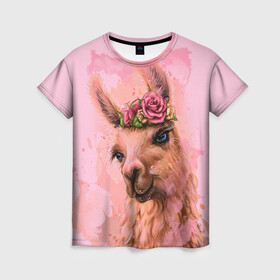 Женская футболка 3D с принтом лама с цветами в Белгороде, 100% полиэфир ( синтетическое хлопкоподобное полотно) | прямой крой, круглый вырез горловины, длина до линии бедер | llama | альпака | животные | лама