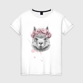 Женская футболка хлопок с принтом Лама в Белгороде, 100% хлопок | прямой крой, круглый вырез горловины, длина до линии бедер, слегка спущенное плечо | llama | альпака | животные | лама