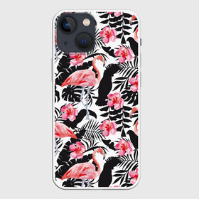 Чехол для iPhone 13 mini с принтом фламинго и попугаи в Белгороде,  |  | птицы | тропики | фламинго