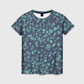 Женская футболка 3D с принтом Еда Синий в Белгороде, 100% полиэфир ( синтетическое хлопкоподобное полотно) | прямой крой, круглый вырез горловины, длина до линии бедер | бургер | еда | кофе чай | овощи | синий | фрукты