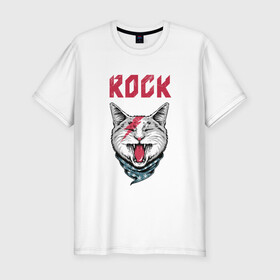 Мужская футболка хлопок Slim с принтом КОТ РОК в Белгороде, 92% хлопок, 8% лайкра | приталенный силуэт, круглый вырез ворота, длина до линии бедра, короткий рукав | cat | rock | кот | кот рок | котик | кошак | кошка | рок | рок кот