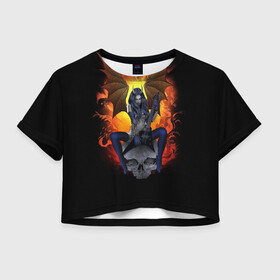 Женская футболка Crop-top 3D с принтом Ангел смерти в Белгороде, 100% полиэстер | круглая горловина, длина футболки до линии талии, рукава с отворотами | крылья пламя череп рога гитара демон