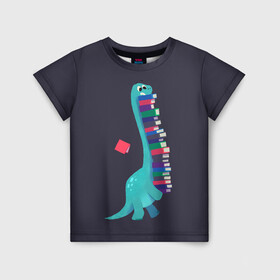 Детская футболка 3D с принтом Book Dinosaur в Белгороде, 100% гипоаллергенный полиэфир | прямой крой, круглый вырез горловины, длина до линии бедер, чуть спущенное плечо, ткань немного тянется | barosaurus | book | books | dino | dinosaur | knowledge | study | барозавр | знания | книга | книги | книжный