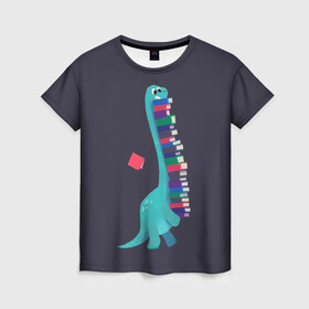 Женская футболка 3D с принтом Book Dinosaur в Белгороде, 100% полиэфир ( синтетическое хлопкоподобное полотно) | прямой крой, круглый вырез горловины, длина до линии бедер | Тематика изображения на принте: barosaurus | book | books | dino | dinosaur | knowledge | study | барозавр | знания | книга | книги | книжный