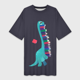 Платье-футболка 3D с принтом Book Dinosaur в Белгороде,  |  | Тематика изображения на принте: barosaurus | book | books | dino | dinosaur | knowledge | study | барозавр | знания | книга | книги | книжный