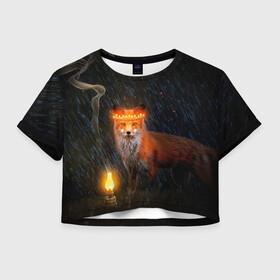 Женская футболка Crop-top 3D с принтом Лиса с огненной короной в Белгороде, 100% полиэстер | круглая горловина, длина футболки до линии талии, рукава с отворотами | fox | foxy | животное | звери | лиса | лисенок | лисичка | милая | рыжая | фокс
