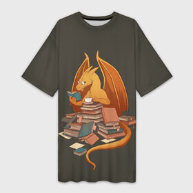 Платье-футболка 3D с принтом Book Dragon в Белгороде,  |  | book | books | dragon | knowledge | professor | study | tea | wyvern | виверна | дракон | знания | книга | книги | книжный | профессор | чай