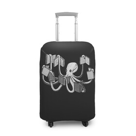 Чехол для чемодана 3D с принтом Octopus Book в Белгороде, 86% полиэфир, 14% спандекс | двустороннее нанесение принта, прорези для ручек и колес | black | book | books | dual | knowledge | octopus | study | white | белое | знания | книга | книги | книжный | осьминог | черно белое | черное