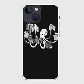 Чехол для iPhone 13 mini с принтом Octopus Book в Белгороде,  |  | Тематика изображения на принте: black | book | books | dual | knowledge | octopus | study | white | белое | знания | книга | книги | книжный | осьминог | черно белое | черное