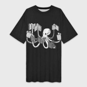 Платье-футболка 3D с принтом Octopus Book в Белгороде,  |  | black | book | books | dual | knowledge | octopus | study | white | белое | знания | книга | книги | книжный | осьминог | черно белое | черное