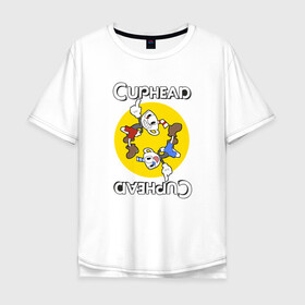 Мужская футболка хлопок Oversize с принтом СapheadMugman в Белгороде, 100% хлопок | свободный крой, круглый ворот, “спинка” длиннее передней части | caphead | cup | mugman | друг | капхед | капхейд | кружка | мугман