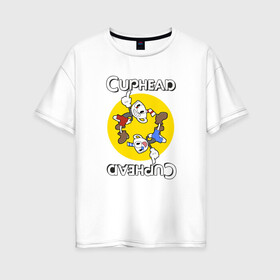 Женская футболка хлопок Oversize с принтом СapheadMugman в Белгороде, 100% хлопок | свободный крой, круглый ворот, спущенный рукав, длина до линии бедер
 | caphead | cup | mugman | друг | капхед | капхейд | кружка | мугман