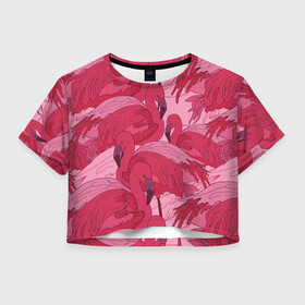 Женская футболка Crop-top 3D с принтом розовые фламинго в Белгороде, 100% полиэстер | круглая горловина, длина футболки до линии талии, рукава с отворотами | flamingo | птицы | розовый | фламинго