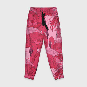 Детские брюки 3D с принтом розовые фламинго в Белгороде, 100% полиэстер | манжеты по низу, эластичный пояс регулируется шнурком, по бокам два кармана без застежек, внутренняя часть кармана из мелкой сетки | Тематика изображения на принте: flamingo | птицы | розовый | фламинго