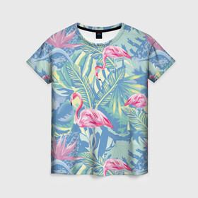 Женская футболка 3D с принтом фламинго в Белгороде, 100% полиэфир ( синтетическое хлопкоподобное полотно) | прямой крой, круглый вырез горловины, длина до линии бедер | flamingo | птицы | розовый | фламинго