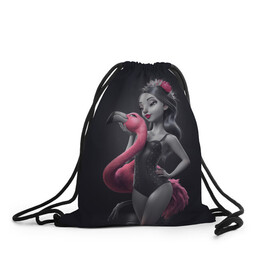 Рюкзак-мешок 3D с принтом девушка с фламинго в Белгороде, 100% полиэстер | плотность ткани — 200 г/м2, размер — 35 х 45 см; лямки — толстые шнурки, застежка на шнуровке, без карманов и подкладки | flamingo | птицы | розовый | фламинго