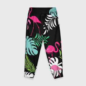 Детские брюки 3D с принтом фламинго с цветами в Белгороде, 100% полиэстер | манжеты по низу, эластичный пояс регулируется шнурком, по бокам два кармана без застежек, внутренняя часть кармана из мелкой сетки | Тематика изображения на принте: flamingo | птицы | розовый | фламинго