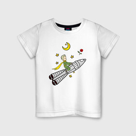 Детская футболка хлопок с принтом Маленький принц на ракете в Белгороде, 100% хлопок | круглый вырез горловины, полуприлегающий силуэт, длина до линии бедер | baby | dreams | little prince | prince | rocket | space | stars | the little prince | детские | звезды | космонавт | космос | луна | маленький принц | малыш | месяц | мечты | полет | полумесяц | принц | ракета | ребенок | роза | сказки