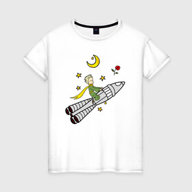 Женская футболка хлопок с принтом Маленький принц на ракете в Белгороде, 100% хлопок | прямой крой, круглый вырез горловины, длина до линии бедер, слегка спущенное плечо | baby | dreams | little prince | prince | rocket | space | stars | the little prince | детские | звезды | космонавт | космос | луна | маленький принц | малыш | месяц | мечты | полет | полумесяц | принц | ракета | ребенок | роза | сказки