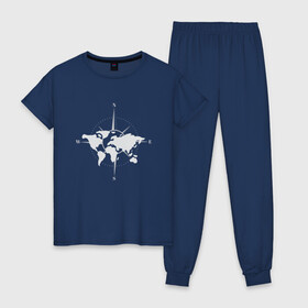 Женская пижама хлопок с принтом Карта Мира Компас  в Белгороде, 100% хлопок | брюки и футболка прямого кроя, без карманов, на брюках мягкая резинка на поясе и по низу штанин | africa | afrika | australia | brazil | compas | earth | geraldic | planet | russia | usa | world map | астралия | африка | бразилия | геральдика | земля | континенты | планета | роза ветров | россия | страна | страны | сша